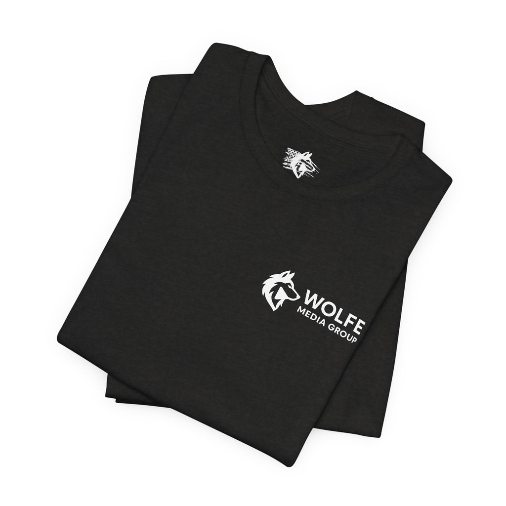 Wolfe Media Logo Tee, Distressed US Flag Sleeve, Unisex Short Sleeve Shirt, Black Print Graphic Shirt, Monochrome Tee