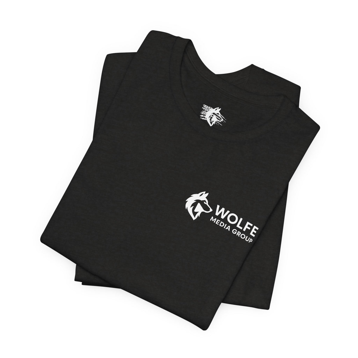 Wolfe Media Logo Tee, Distressed US Flag Sleeve, Unisex Short Sleeve Shirt, Black Print Graphic Shirt, Monochrome Tee
