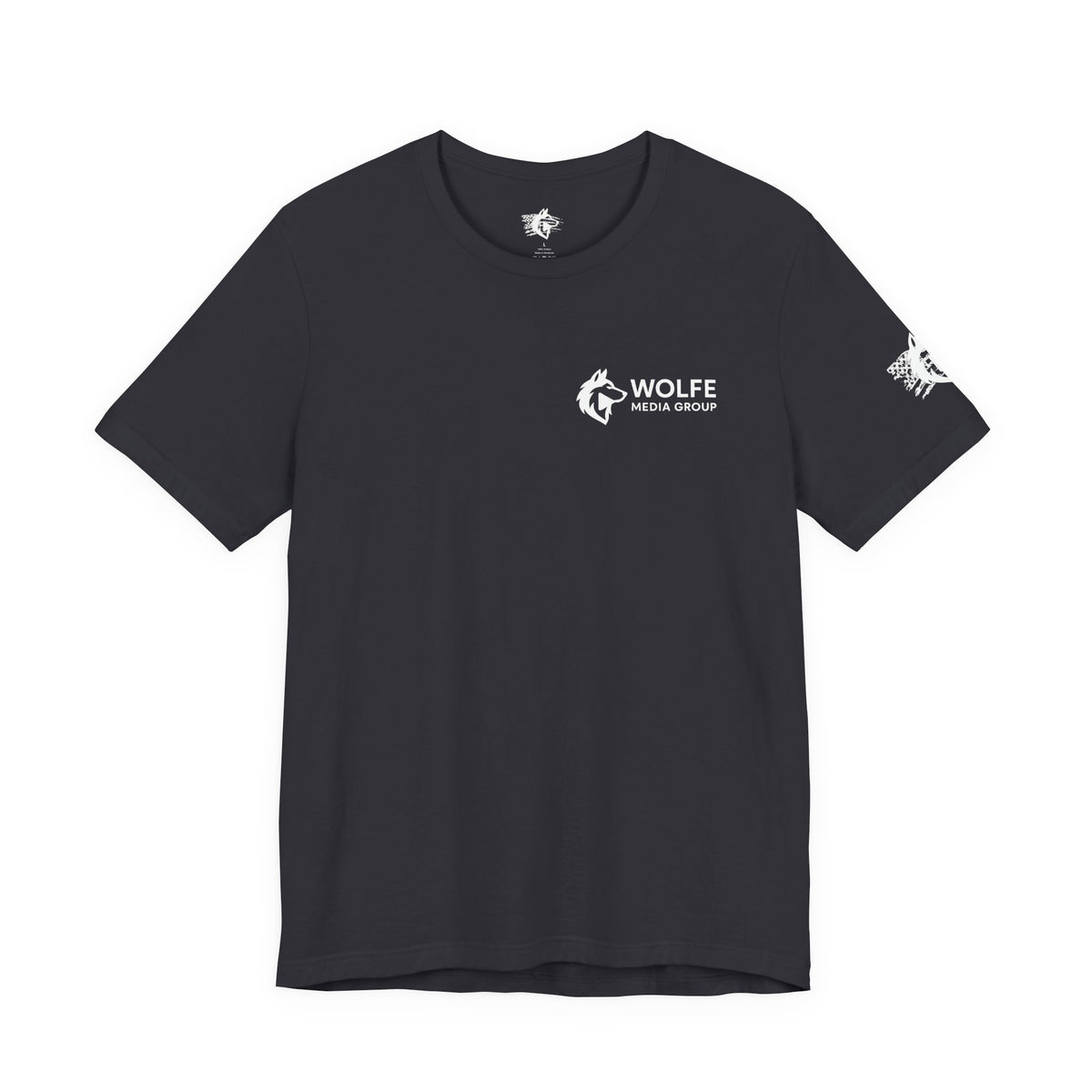 Wolfe Media Logo Tee, Distressed US Flag Sleeve, Unisex Short Sleeve Shirt, Black Print Graphic Shirt, Monochrome Tee