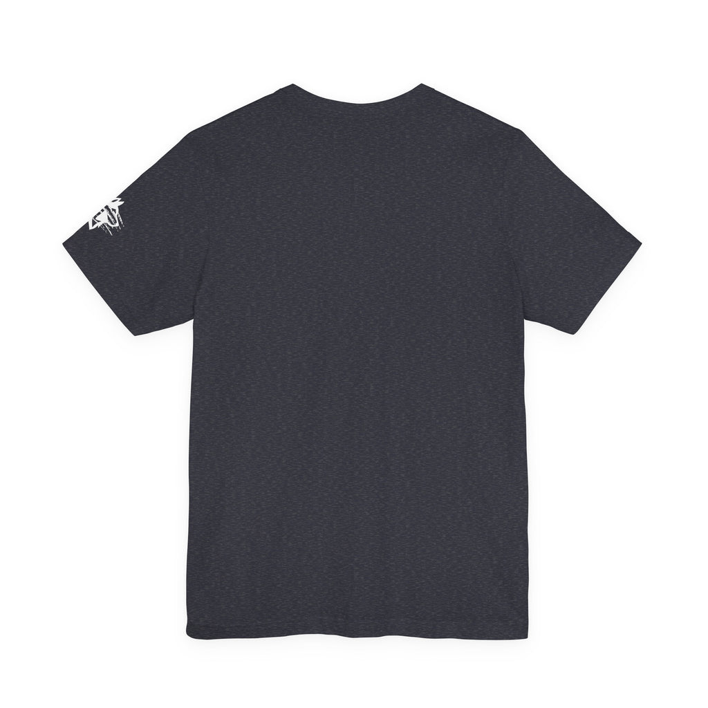 Wolfe Media Logo Tee, Distressed US Flag Sleeve, Unisex Short Sleeve Shirt, Black Print Graphic Shirt, Monochrome Tee