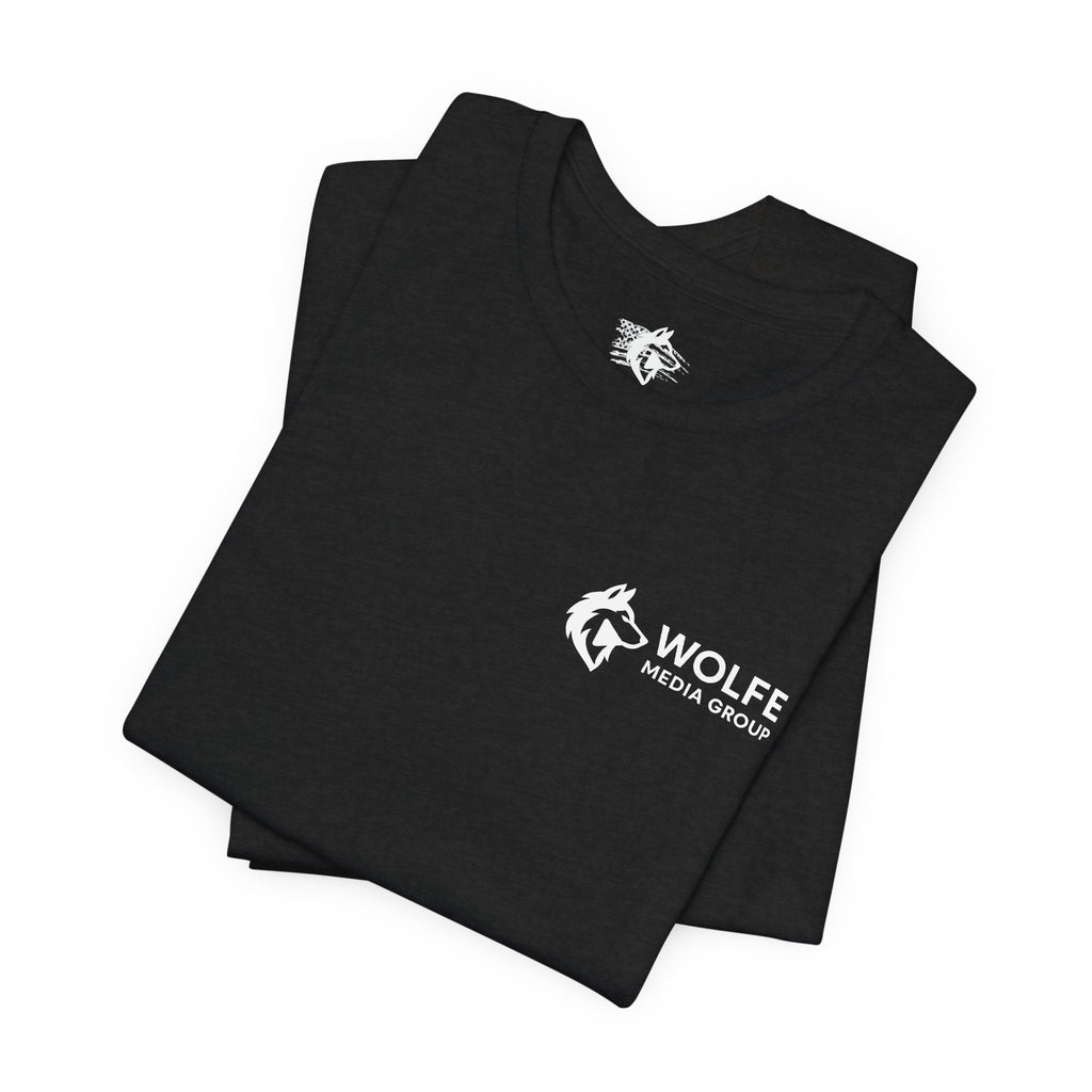 Wolfe Media Logo Tee, Distressed US Flag Sleeve, Unisex Short Sleeve Shirt, Black Print Graphic Shirt, Monochrome Tee