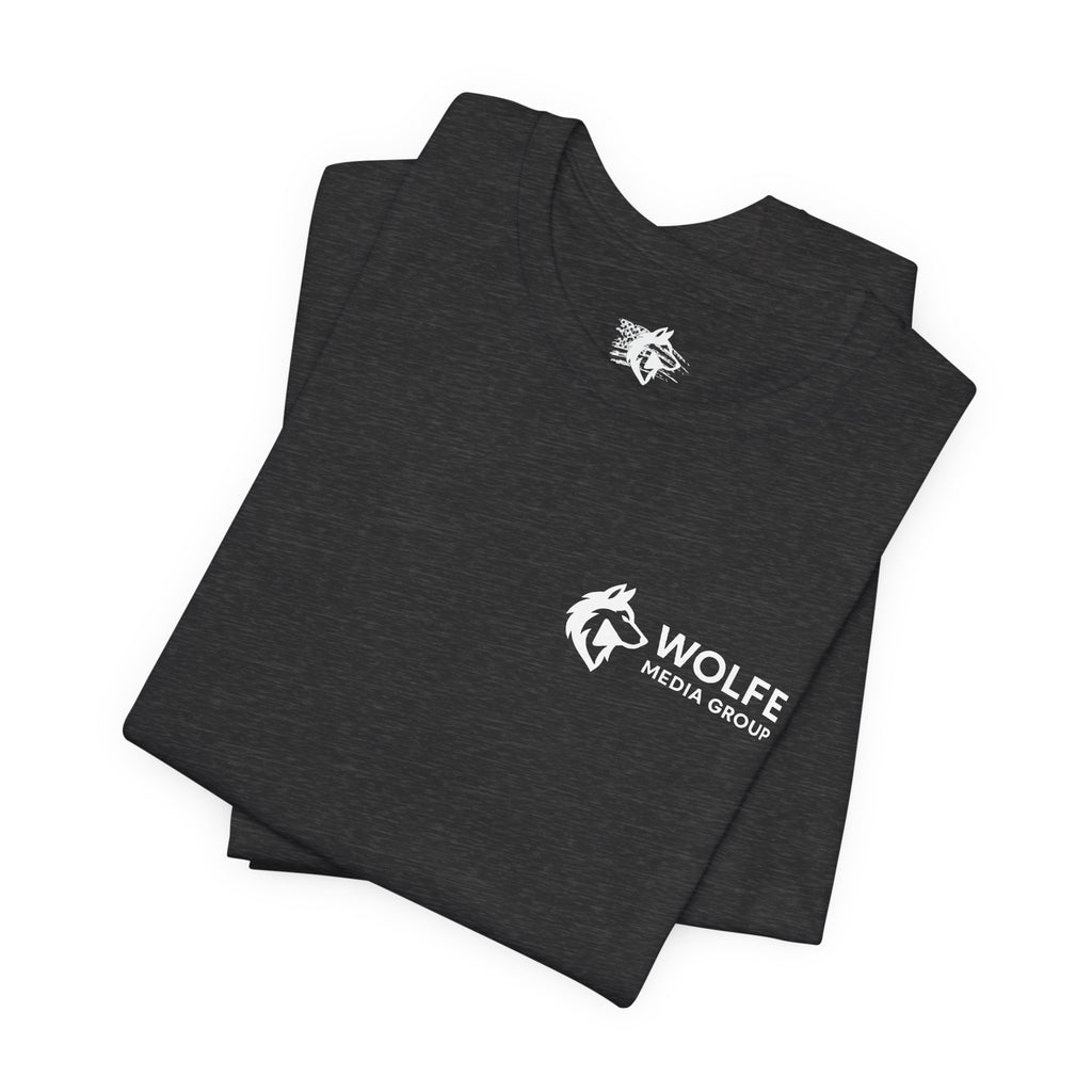 Wolfe Media Logo Tee, Distressed US Flag Sleeve, Unisex Short Sleeve Shirt, Black Print Graphic Shirt, Monochrome Tee