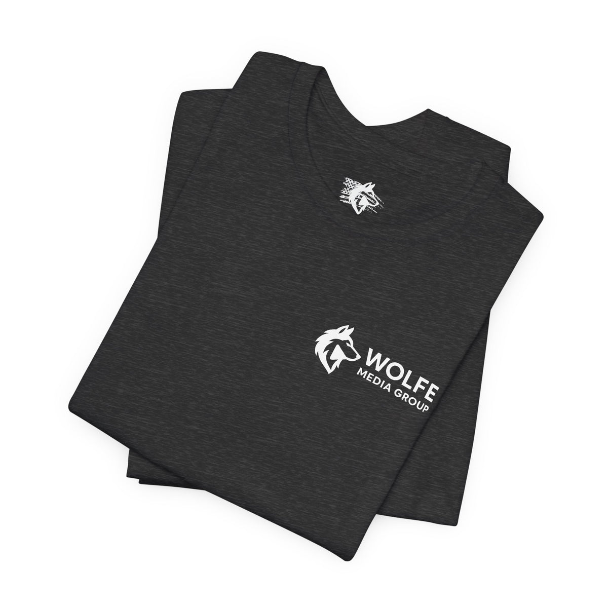 Wolfe Media Logo Tee, Distressed US Flag Sleeve, Unisex Short Sleeve Shirt, Black Print Graphic Shirt, Monochrome Tee
