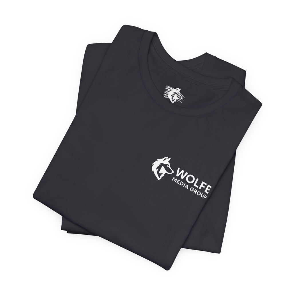 Wolfe Media Logo Tee, Distressed US Flag Sleeve, Unisex Short Sleeve Shirt, Black Print Graphic Shirt, Monochrome Tee
