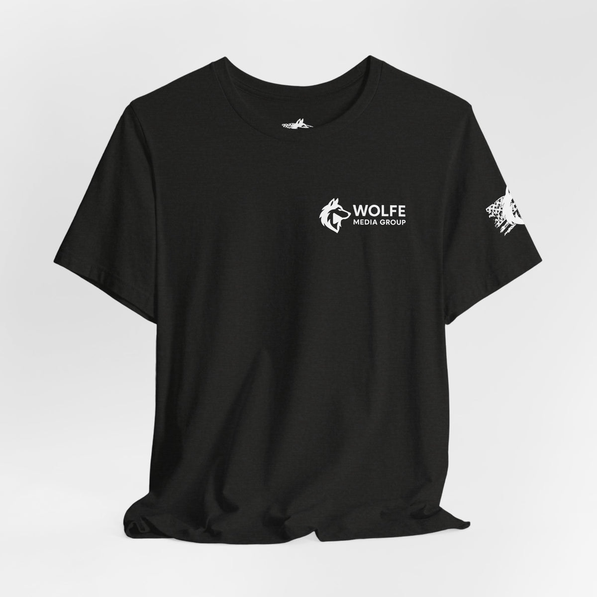 Wolfe Media Logo Tee, Distressed US Flag Sleeve, Unisex Short Sleeve Shirt, Black Print Graphic Shirt, Monochrome Tee