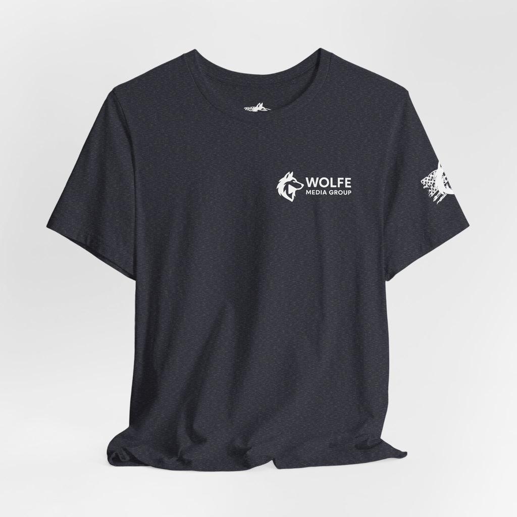 Wolfe Media Logo Tee, Distressed US Flag Sleeve, Unisex Short Sleeve Shirt, Black Print Graphic Shirt, Monochrome Tee