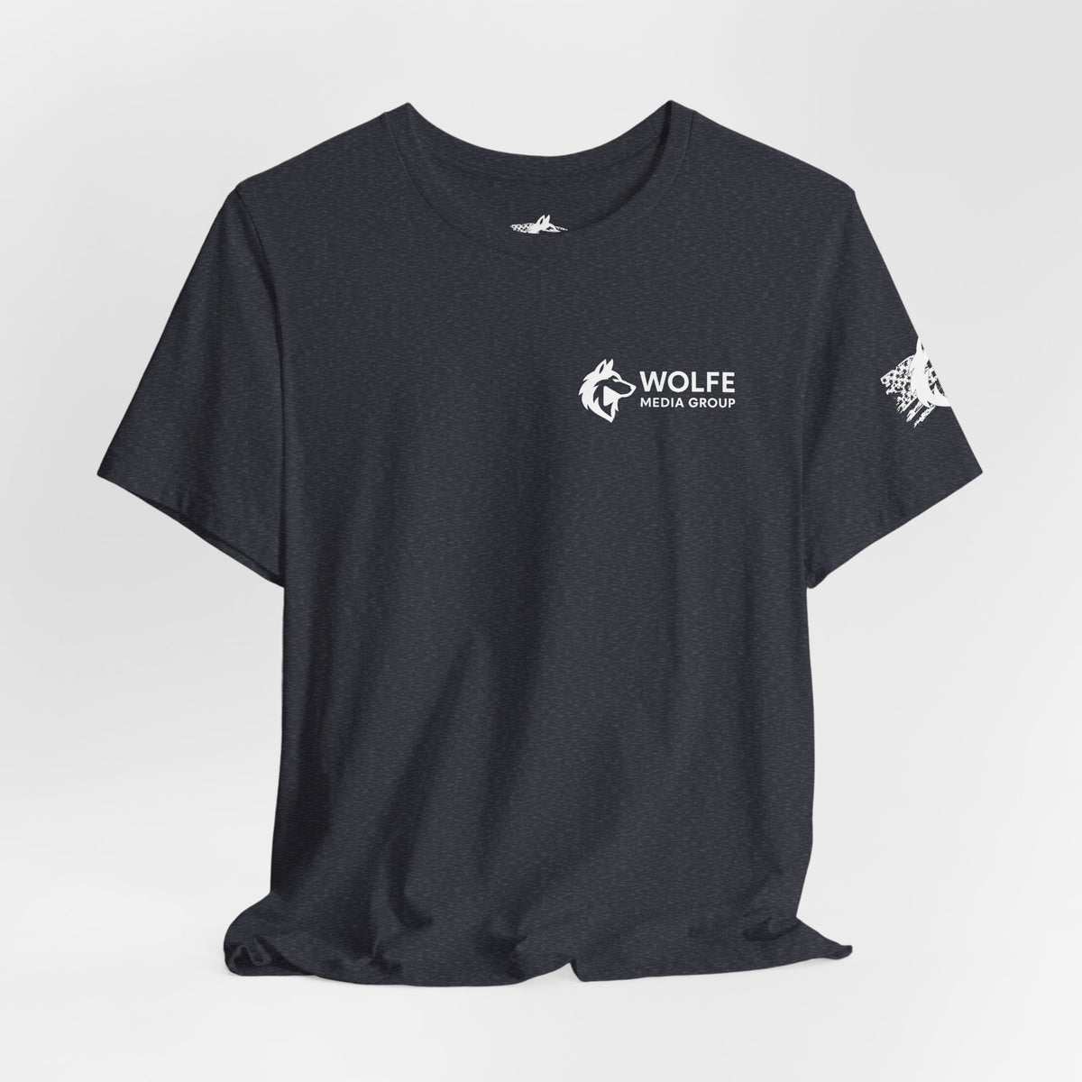 Wolfe Media Logo Tee, Distressed US Flag Sleeve, Unisex Short Sleeve Shirt, Black Print Graphic Shirt, Monochrome Tee