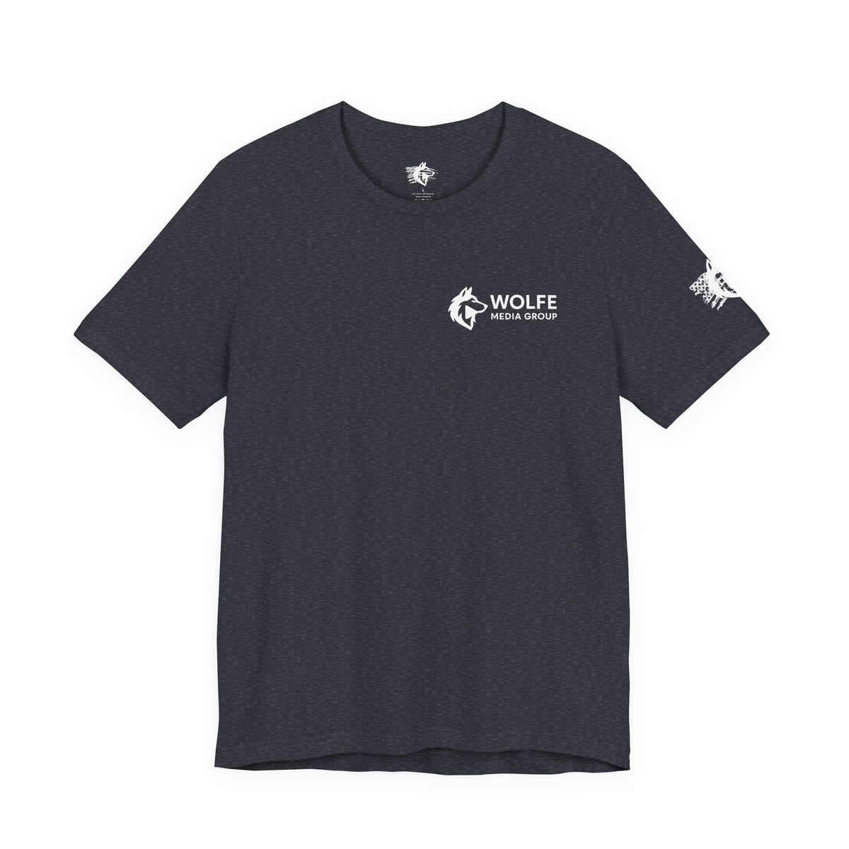 Wolfe Media Logo Tee, Distressed US Flag Sleeve, Unisex Short Sleeve Shirt, Black Print Graphic Shirt, Monochrome Tee