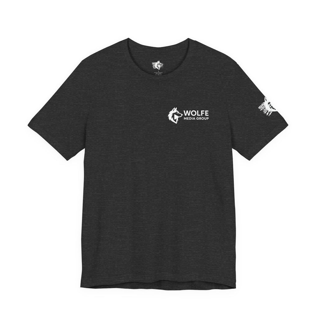 Wolfe Media Logo Tee, Distressed US Flag Sleeve, Unisex Short Sleeve Shirt, Black Print Graphic Shirt, Monochrome Tee