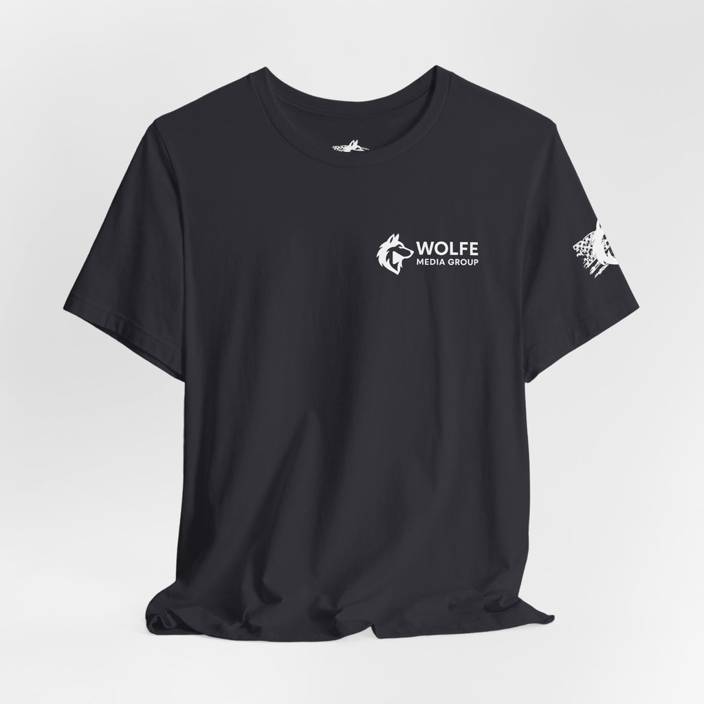 Wolfe Media Logo Tee, Distressed US Flag Sleeve, Unisex Short Sleeve Shirt, Black Print Graphic Shirt, Monochrome Tee