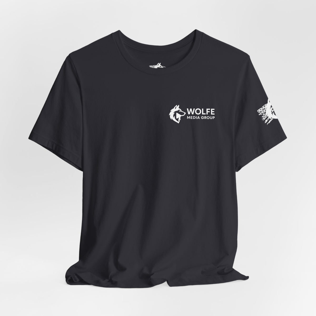 Wolfe Media Logo Tee, Distressed US Flag Sleeve, Unisex Short Sleeve Shirt, Black Print Graphic Shirt, Monochrome Tee
