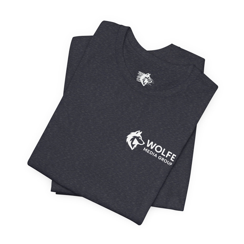 Wolfe Media Logo Tee, Distressed US Flag Sleeve, Unisex Short Sleeve Shirt, Black Print Graphic Shirt, Monochrome Tee