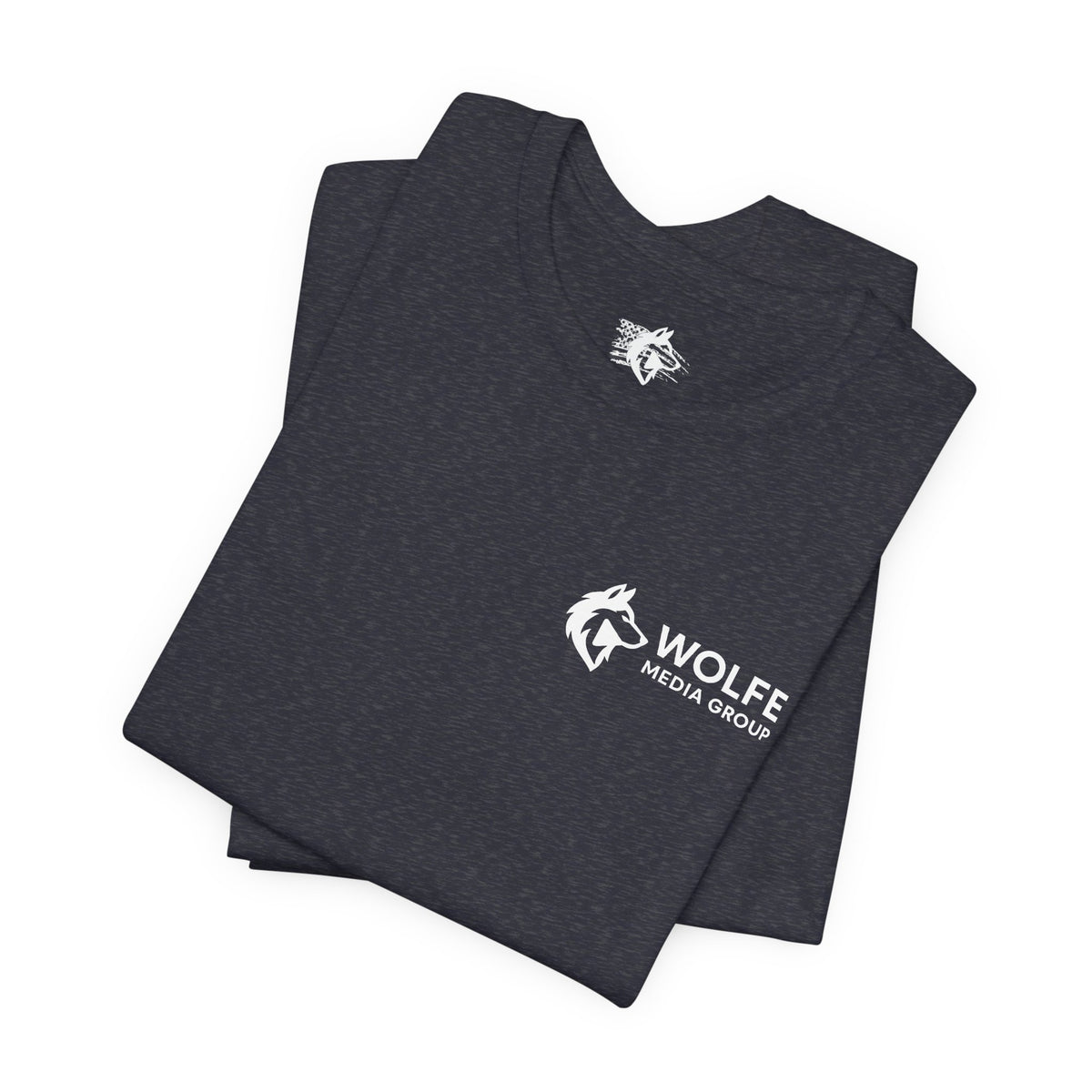 Wolfe Media Logo Tee, Distressed US Flag Sleeve, Unisex Short Sleeve Shirt, Black Print Graphic Shirt, Monochrome Tee