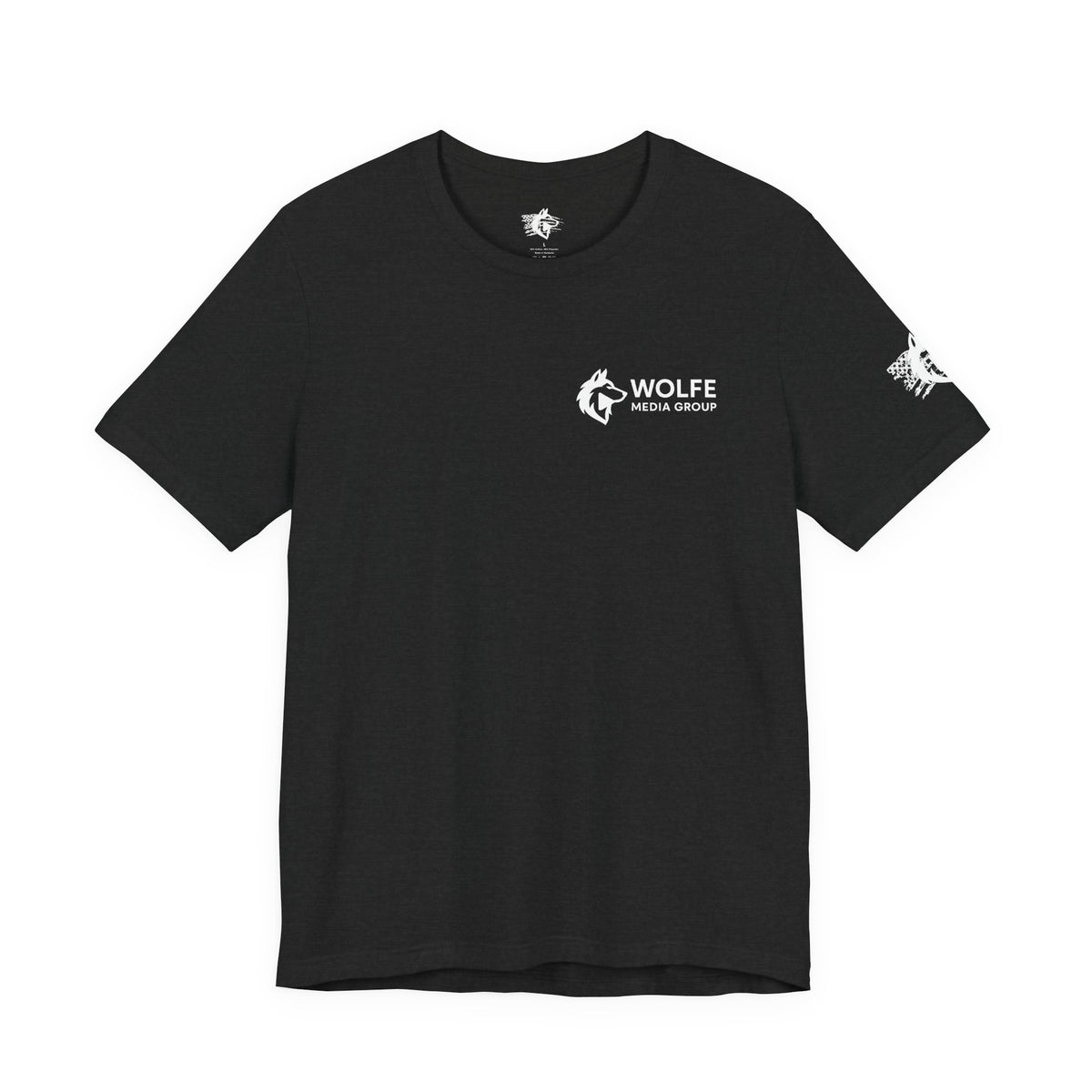 Wolfe Media Logo Tee, Distressed US Flag Sleeve, Unisex Short Sleeve Shirt, Black Print Graphic Shirt, Monochrome Tee