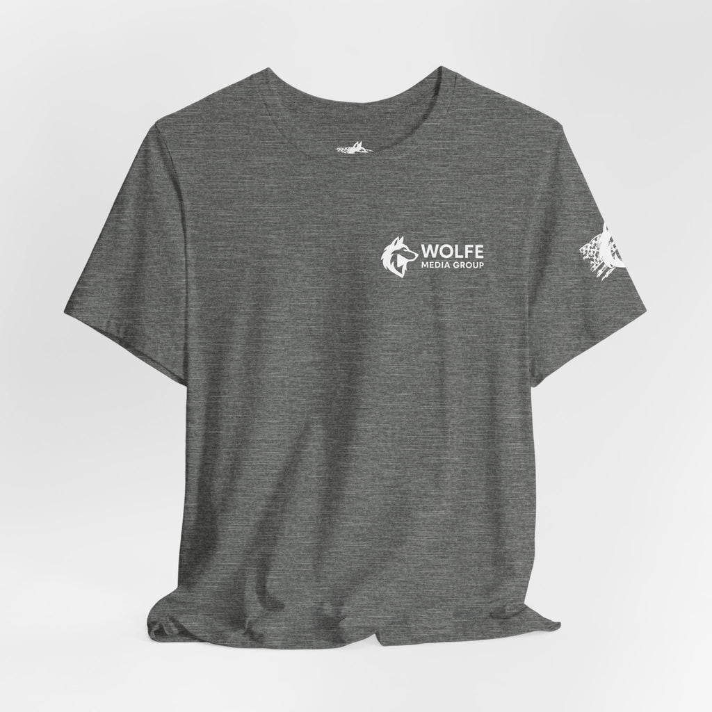 Wolfe Media Logo Tee, Distressed US Flag Sleeve, Unisex Short Sleeve Shirt, Black Print Graphic Shirt, Monochrome Tee