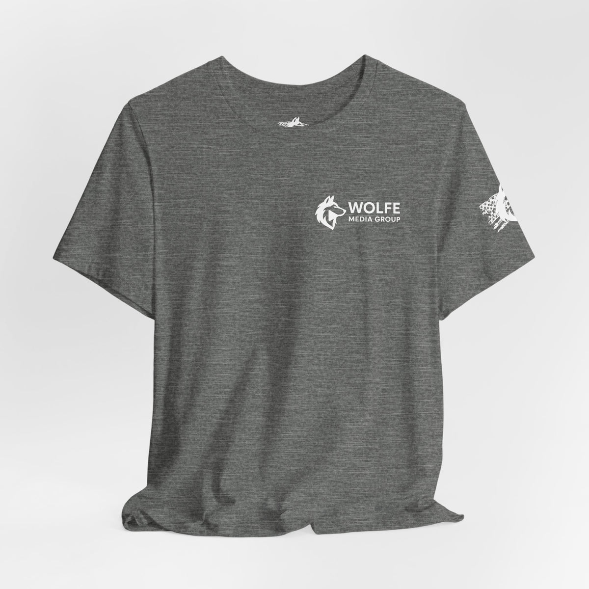 Wolfe Media Logo Tee, Distressed US Flag Sleeve, Unisex Short Sleeve Shirt, Black Print Graphic Shirt, Monochrome Tee