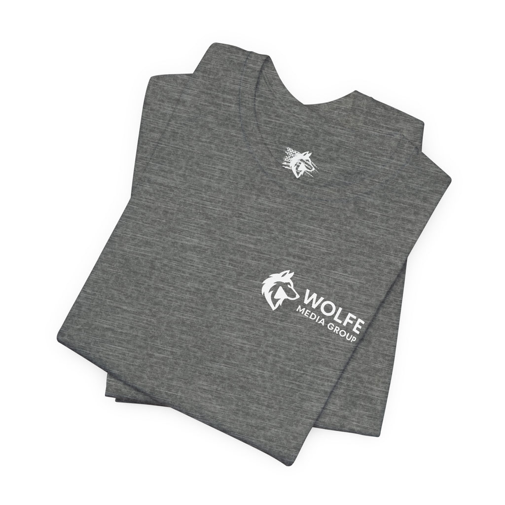 Wolfe Media Logo Tee, Distressed US Flag Sleeve, Unisex Short Sleeve Shirt, Black Print Graphic Shirt, Monochrome Tee