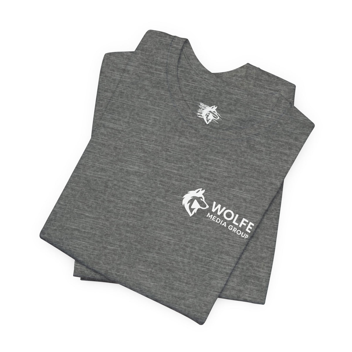 Wolfe Media Logo Tee, Distressed US Flag Sleeve, Unisex Short Sleeve Shirt, Black Print Graphic Shirt, Monochrome Tee