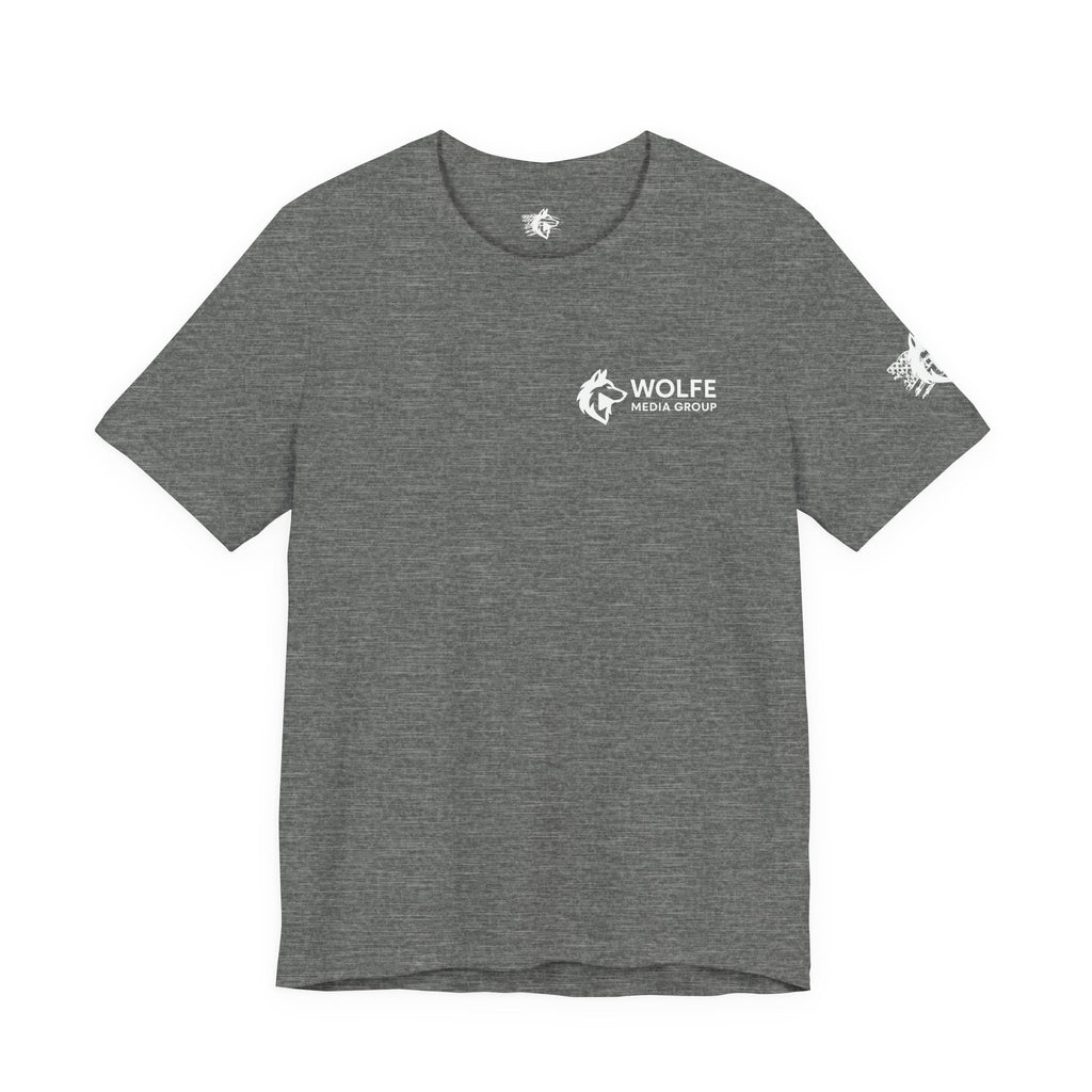 Wolfe Media Logo Tee, Distressed US Flag Sleeve, Unisex Short Sleeve Shirt, Black Print Graphic Shirt, Monochrome Tee