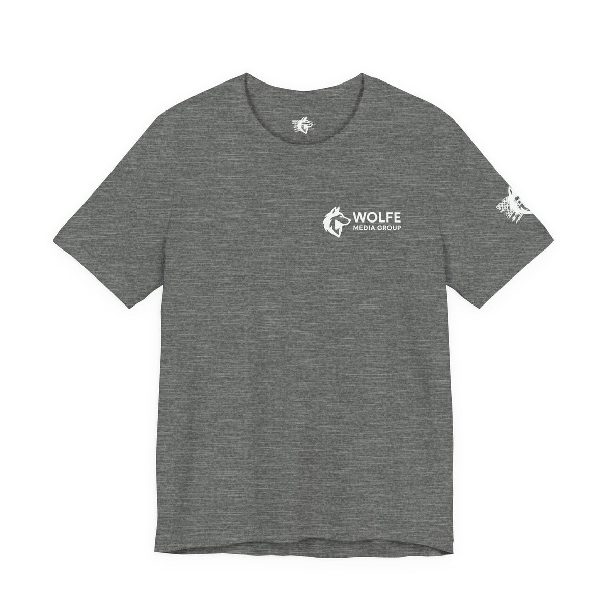Wolfe Media Logo Tee, Distressed US Flag Sleeve, Unisex Short Sleeve Shirt, Black Print Graphic Shirt, Monochrome Tee