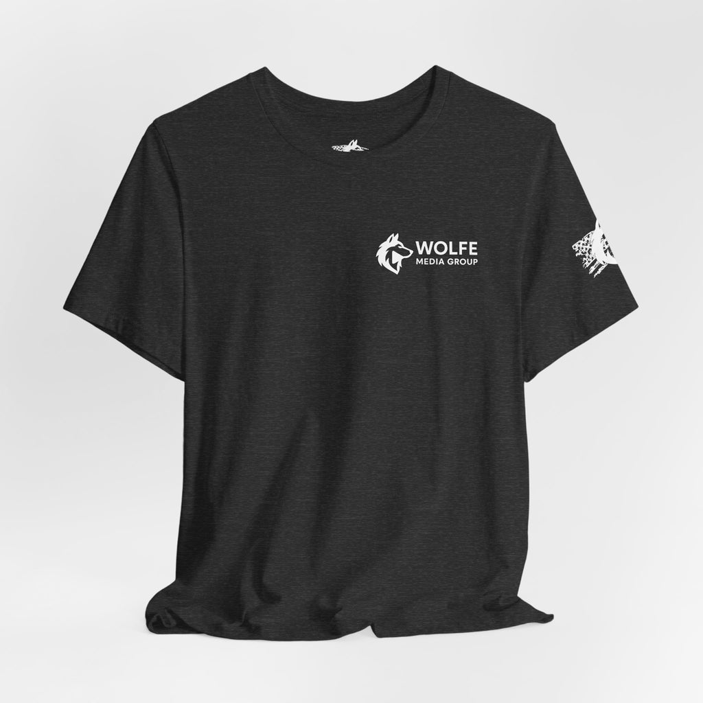 Wolfe Media Logo Tee, Distressed US Flag Sleeve, Unisex Short Sleeve Shirt, Black Print Graphic Shirt, Monochrome Tee
