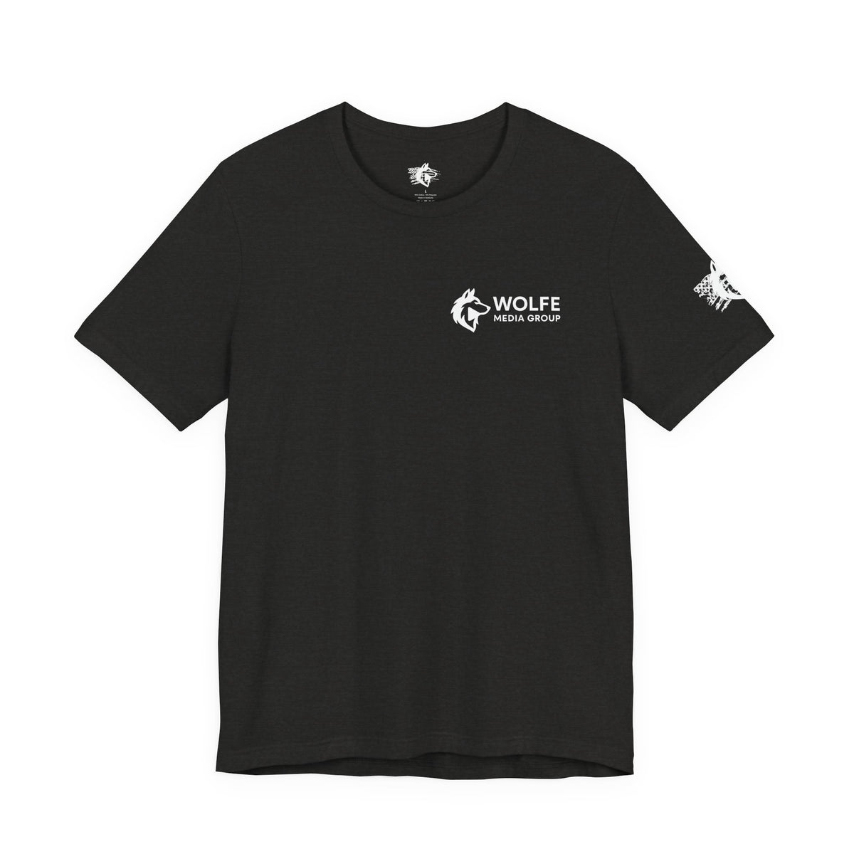 Wolfe Media Logo Tee, Distressed US Flag Sleeve, Unisex Short Sleeve Shirt, Black Print Graphic Shirt, Monochrome Tee